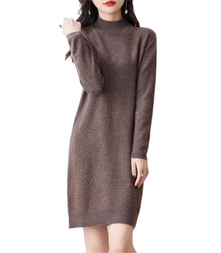 100% Merino Wool Sweater Dress Women's Long Sleeve Mock Neck Pullover Autumn Winter Knitted Long Jumper