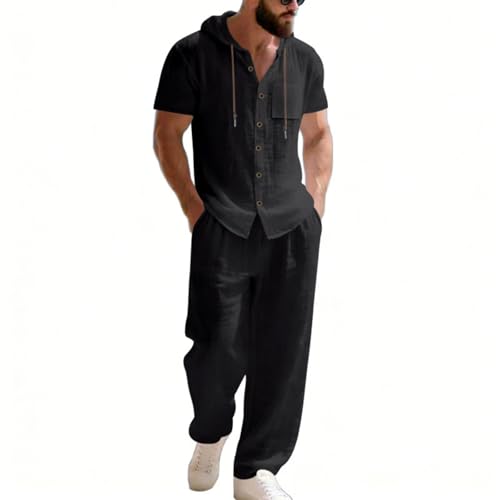 Costume en lin pour homme anti-transpiration avec pantalon fluide et capuche