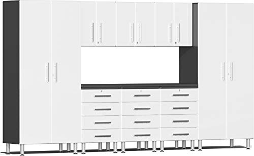 Ulti-MATE UG22091W 9-Piece Garage Cabinet Kit with Channeled Worktop in Starfire White Metallic
