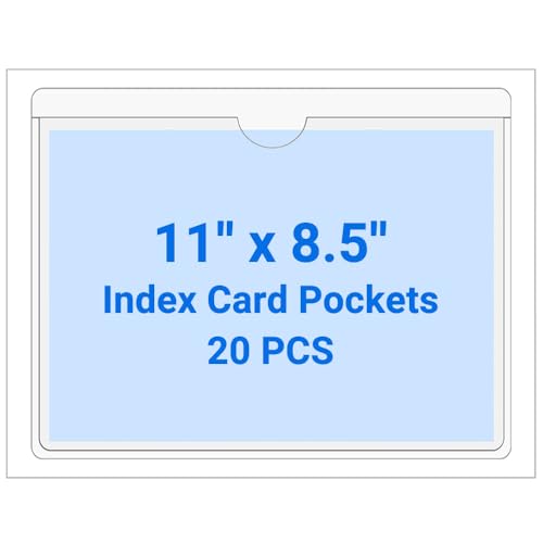 Kvatr-X 20 PCS Clear Self Adhesive Plastic Label Pockets, Binder Spine Business & Library Index Card Display Holder with Stick On for Planners Organizing, Storage Bins and Drawers (11 x 8.5 Inch)