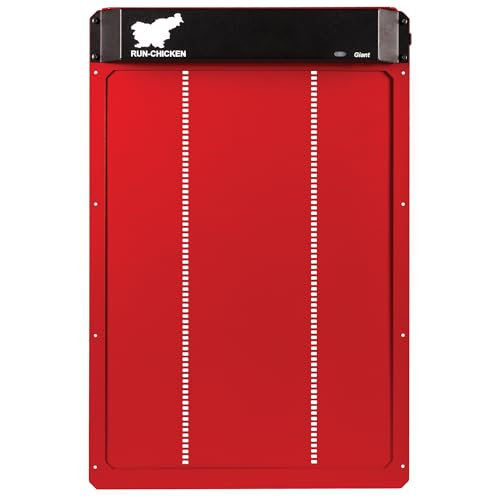 Porte Automatique Run-Chicken Giant Rouge pour Grandes volailles. Ouverture 36 x 50 cm, Aluminium résistant aux intempéries. Programmation minuterie ou GPS et système Anti-pincement sécurisé.