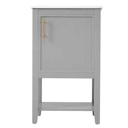 20" Small Bathroom Vanity with Ceramic Sink Top and Open Shelf, Soft-Closing Door and Rack Shelf, Solid Wood Legs, Gray by Merax - Image 6