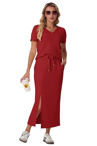 Image of GRECERELLE Women Summer Casual 2 Piece Sets V-Neck Wrinkle-Free Top & Elastic Waist Midi Side Slit Skirt with Pockets