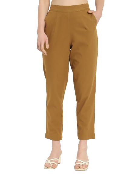 Image of Women's Solid Straight Fit 100% Cotton Trousers | High Waist, Side Pockets, Ankle Length Pants for Office, Casual