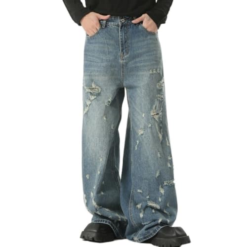 Men's Fashion Streetwear Loose Fit Jeans Irregular Frayed Distressed Wide Leg Trousers