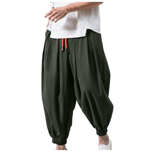 DuDubaby Baggy Pants Men's Cotton Linen Harem Loose Stretchy Waist Casual Hippie Trousers Lightweight Beach
