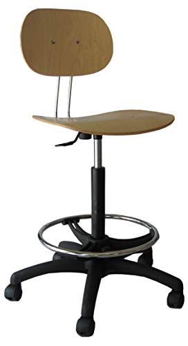 SGABELLO GIREVOLE, SEDILE E SCHIENALE IN MULTISTRATO DI FAGGIO VERNICIATO NATURALE, ELEVAZIONE A GAS, BASE E POGGIAPIEDI IN PLASTICA, CON PIEDINI O RUOTE, SCHIENALE REGOLABILE, PRODOTTO ITALIANO