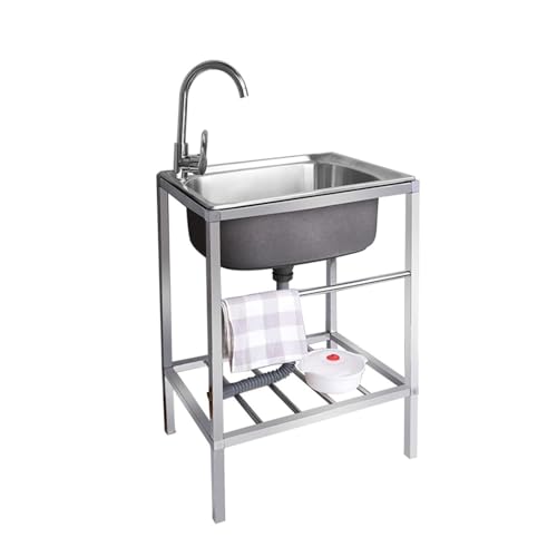 Fregadero portátil de acero inoxidable para exteriores con grifo y estante de almacenamiento, estación de fregadero de camping independiente para restaurante, bar, lavandería, garaje, patio trasero