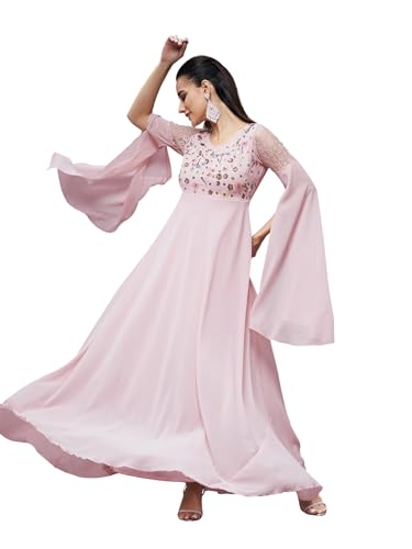 Miss Chase Vestido largo plisado de georgette manga corta y espalda descubierta para mujer, Rosa Litchi, XS