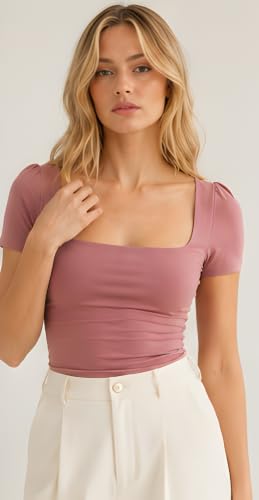 Image of SIGHTBOMB SOFTLINE SQUARE NECK DOUBLE LAYER SHORT SLEEVE MICROFIBER CUDDLE TEE AFFORD LUX EDITION FEATHER TOUCH TOP FOR WOMEN