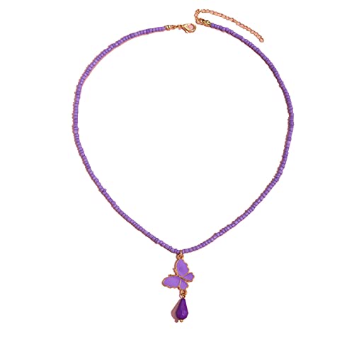 Inateannal Collar de gargantilla de cuentas moradas Collar de colgante de mariposa Cadena de cuentas de semillas hechas a mano Collar de clavícula Joyas de playa de verano para mujeres Cover