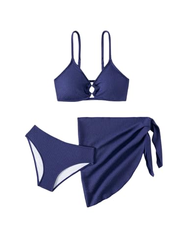 OYOANGLE Girl's Swimsuit 3 Piece Textured Ring Linked Bikini Set with Beach Skirt Cover Up Bathing Suits