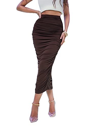 SheIn Women s Elegant High Waist Ruched Solid Maxi Pencil Skirt Coffee Brown Medium