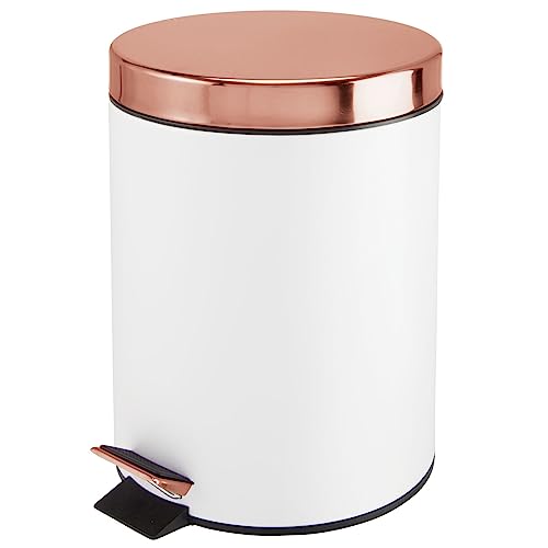 mDesign Pedal Bin — Metal Waste Bin with Pedal, Lid and Plastic Bucket Insert — Perfect for Bathroom, Kitchen, and Office — Household Rubbish Bin with Ergonomic Design — White/Rose Gold
