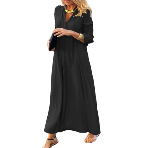 Womens Cotton Linen Maxi Shirt Dress Long Sleeve Loose Fit Swing Hem  Pleated Tunic Dress Deep V Neck Solid Color Baggy Flowy Shift Dress Summer  Casual Black Plus Size Long Dresses S