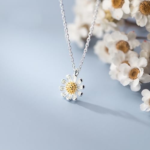 Reffeer Solid 925 Sterling Silver Flower Daisy Necklace Pendant for Women Teen Girls Flower Choker Necklace4