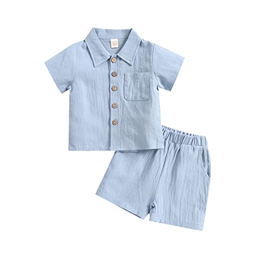 Toddler Baby Boy Cotton Linen Clothes Set Button-Down Short Sleeve T-Shirt Tops + Shorts Infant Summer Outfit 2PCS (Blue,3-4T)