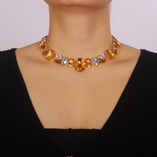 Chargances Charm Blue Full Rhinestone Necklace Sparkle Geometric Crystal Choker Luxurious Statement Short Neck Chunky Chain Collar for Women3