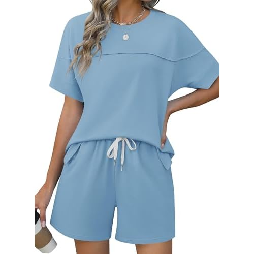 Rapbin Comfy Summer Sets with Pockets Loose Fit Color Block Design Matching 2 Piece Sets with Drawstring Waist Solid Light Blue Medium
