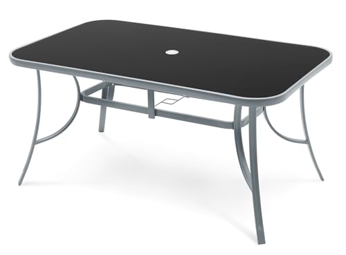 MAT-COMPANY Gartentisch Glas Aluminium Grau Schwarz 150 x 90 cm mit Sicherheitsglas wetterfest Stabiler Esstisch für Garten Terrasse Balkon Wohnzimmer