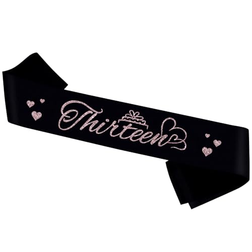 Thirteen 13th Birthday Sash,Black Sash with Rose Gold Foil Happy 13th Birthday Party Decorations,Official Teenager Sash, 13th Birthday Gifts for Teenegers Party