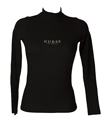 Guess Woman T-Shirt Long Sleeve Turtleneck Sweater With Rhinestone Logo Article Qbri00K9Tj5 Sidney Mockneck Top, Jblk Black/Nero, X-Small #TOP21