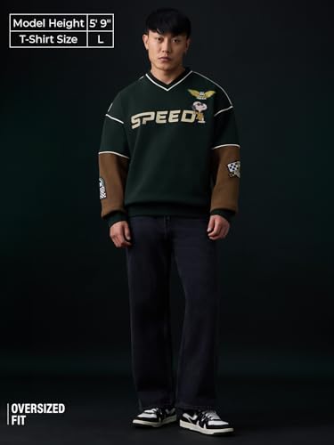 Image of The Souled Store Peanuts: Speed Club Men and Boys Full Sleeves V-Neck Dark Green and Brown Graphic Printed Applique Cotton Polyester Blend Oversized Fit Casual Sweatshirt