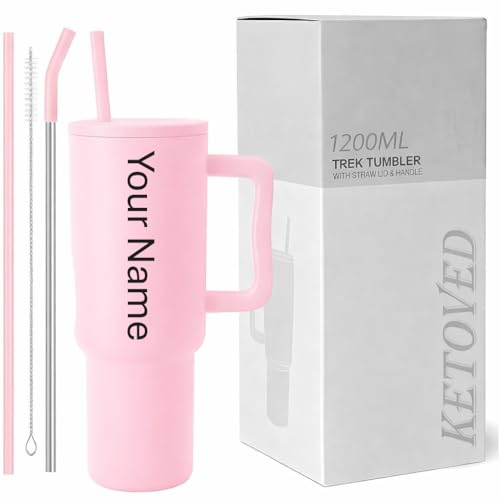 Image of Personalised with Your Name, 1200ml Tumbler with Straw-Handle-Stainless Steel Double Wall Insulated Cup | Leakproof Sipper Mug for Hot-Cold Drinks |Coffee - WaterTumbler (Pink Custom)