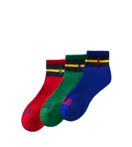 Polo Ralph Lauren Mens Socks Vintage Stripe Quarter Sock - 3 Pack - Red, Green, Blue with Polo Pony