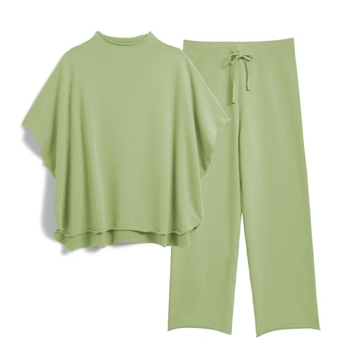 Image of SeeLuNa Women's Two Piece Outfits 3 /4 Batwing Sleeve Capelet Crew Neck Pullover Top Wide Leg Pants Lounge Set