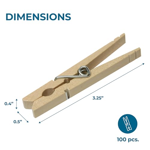 Honey-Can-Do Wooden Clothespins – Heavy-Duty Laundry Clips & Clothes Wood Clips for Crafts, Natural Wood with Strong Grip Clothes Pins, Ideal for Drying & Home Organization, 100 per Pack