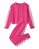 Picture of SANMIO Kids Girl Clothes Two Piece Outfits Checkered Crew Neck Sweatshirts Jogger Sweatpants Fashion Girls Tracksuit Activewear,Hot Pink 6-7T
