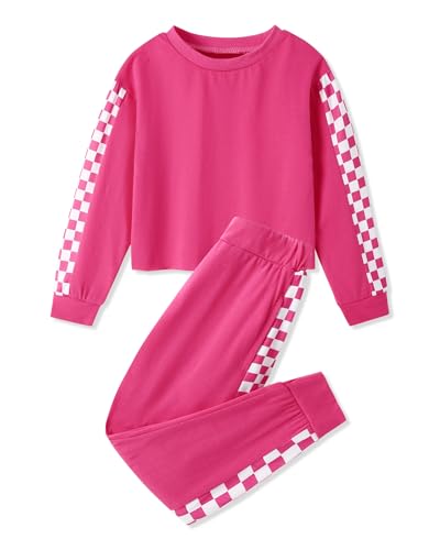 Image of SANMIO Toddler Girl Clothes 2 Piece Outfits Girls Tracksuit Activewear | Long Sleeve Crewneck Checkered Sweatshirts and Sweatpants Casual Fall Winter Clothing Set