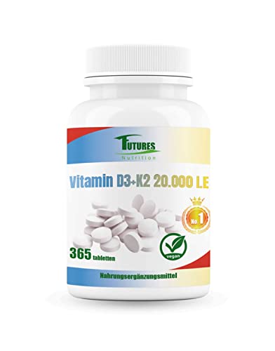 FUTURES NUTRITION 20000 I.E Vitamin D3 K2 Hochdosiert | Vegan | Beste Bioverfügbarkeit mit 99 7+% All-Trans Anteil | Nur 1 Tablette alle 20 Tage | Laborgeprüfte Reinheit | 365 Tabletten