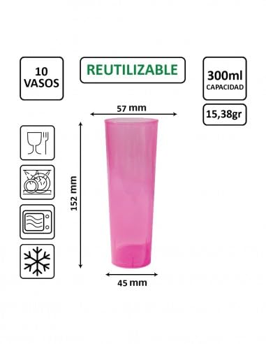 500 Unidades - Vaso Tubo PLÁSTICO (PP) 300ml. IRROMPIBLE Rosa - EMBOLSADO 10UDS - Precio Unidad 0,098€