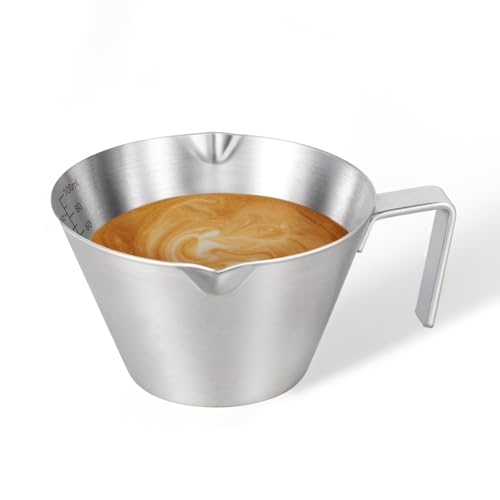 YARRAMATE Espresso Cup with Handle - Stainless Steel Accessories, Double Spout Metal Measuring Cup with Dual Scale, Shot Pitcher with V-Shaped Mouth, 3.4OZ/100ML