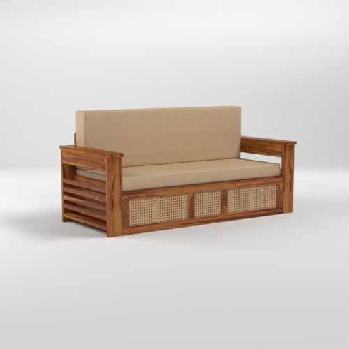Image of PS DECOR Solid Sheesham Wood 3 Seater Sofa Cums Bed with Cane Panel | Wooden Sofa Bed with Cushioned Seating & Backrest