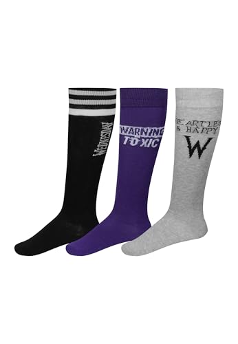 Wednesday Socken Damen 3er Pack Kniestrümpfe Schwarz für Frauen Addams Family Fanartikel Baumwollmischung Weich & Elastisch Gothic Style Strümpfe für Mädchen Offizielles Geschenk