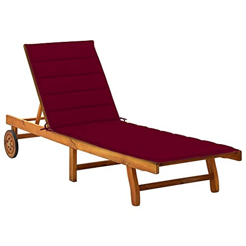 QUAHEAS Tumbona de madera maciza de acacia con cojín, color rojo vino, respaldo ajustable, estante extensible, ruedas, 200 x 63 x 85 cm, para jardín, terraza, piscina