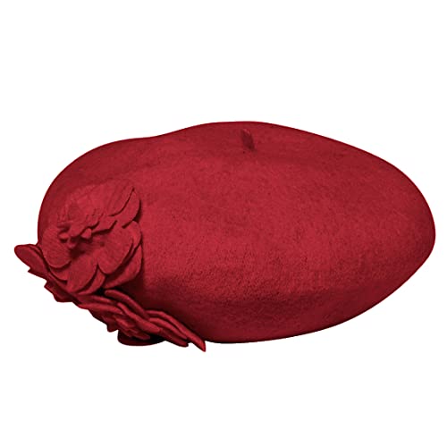 San Diego Hat Co. Women's 100% Wool Beret Hat With Flower Detail, Red, One Size #TOP19