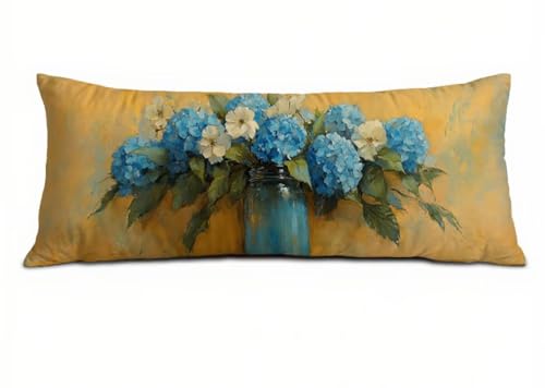 Body Pillow Cover 24 x 72 inch Pillow Cases Blue Pillowcase Velvet Cushion Covers with Double Sided Printing Smooth Invisible Zipper Decorative Pillows Hydrangea for Room Decor Bedroom Bed T-8982