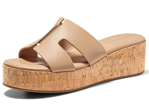 Image of Coutgo Women's Platform Wedge Sandals Open Toe Slip On Slides Cork Heeled Cutout Comfortable Summer Shoes