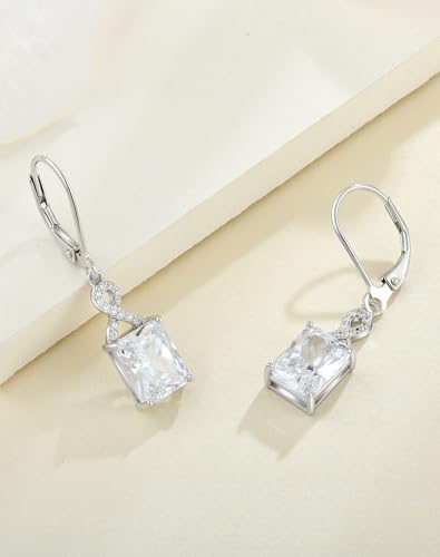 Twisted Cushion Princess Emerald Cut Earrings - 9x7mm Solid Sterling Silver 18K White Gold Plated Birthstone Dangle Earrings for Women Drop Leverback Jewelry3
