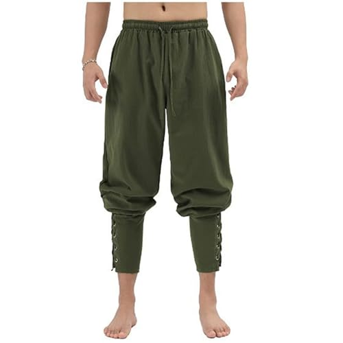 Mens Cotton Linen Pants Ankle Banded Elastic Waist Drawstring Renaissance Gothic Medieval Navigator Pirate Trousers