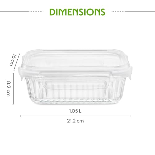 Image of Borosil 1.05 L Fluted Klip N Store Rectangle Food Storage Container with Air Tight Glass Lid | Borosilicate Glass Container for Lunchbox | Microwave & Dishwasher Safe | Transparent