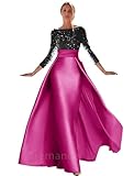 Black-Fuchsia Long Sleeves Prom Dress Floor Length Satin Evening Ball Gowns Shiny Sequin Wedding Formal Dress Mermaid US8