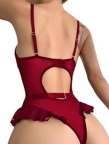 Image of Lilosy Sexy Stocking Lace Mesh Bodysuit Top Underwire Garter Lingerie Set 3 Piece