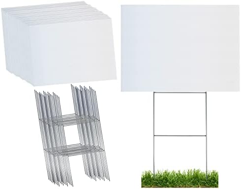 Durable Blank Corrugated White Yard Sign Kit Includes 18x24 Signs and Strong 10x24 Galvanized Steel Double H Yard Stakes - Pack of 25 18x24 Signs with Yard Stakes