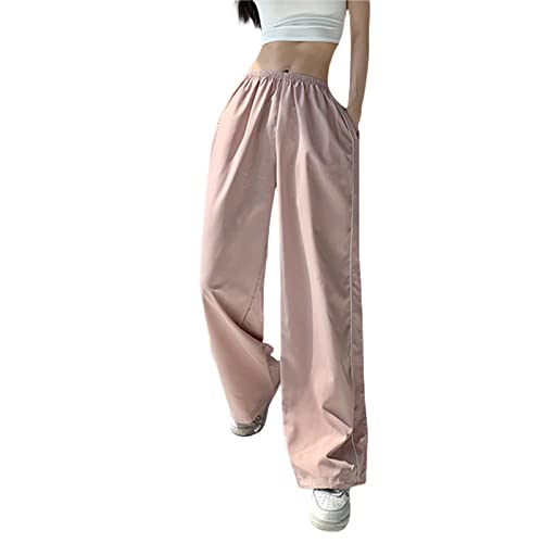 Image of Miolasay Women Baggy Cargo Trousers Elastic Waist Parachute Pants Wide Leg Casual Track Pants with Pockets Y2k Streetwear (A-Pink, XL)