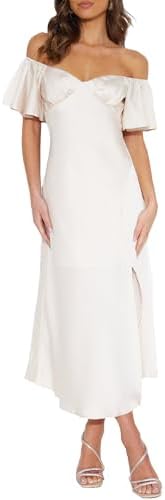 Phicia Summer Women's Satin Off Shoulder Formal Midi Dress Wedding Guest